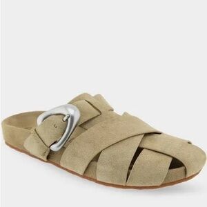 AEROSOLES Liberty Olive Green Suede Mules with Silver Buckle